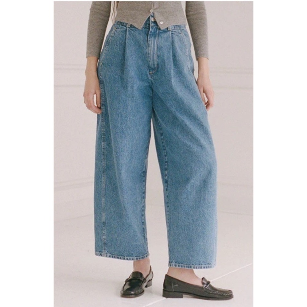 Shaina Mote Women's Emil Medium Wash Denim High Rise Pleated Wide-Leg Jeans 4